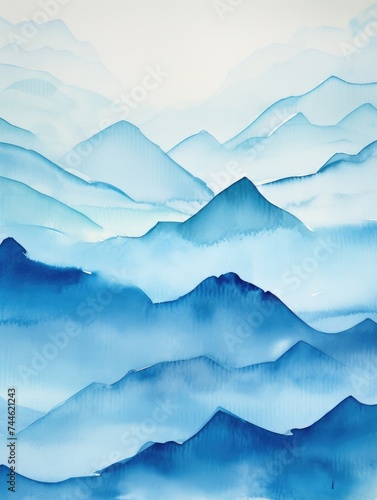 Majestic Mountain Range in Shades of Blue. Printable Wall Art.