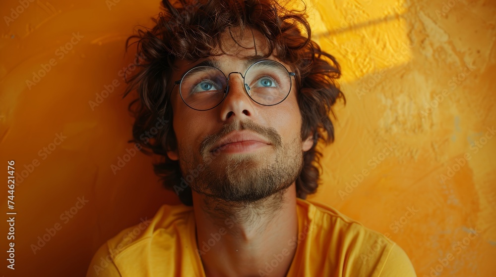 A positive dark haired person makes cherished wishes and hopes for good things to happen wearing round spectacles and a casual t-shirt isolated on yellow.