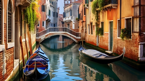 Panoramic view of Venice canal with gondolas, Italy © I