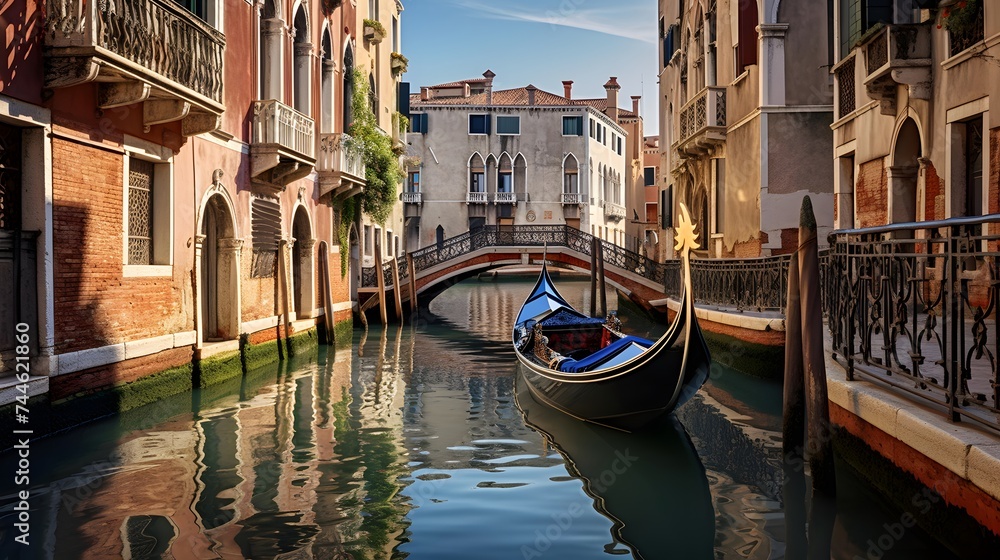 Panoramic view of a canal with gondolas in Venice, Italy
