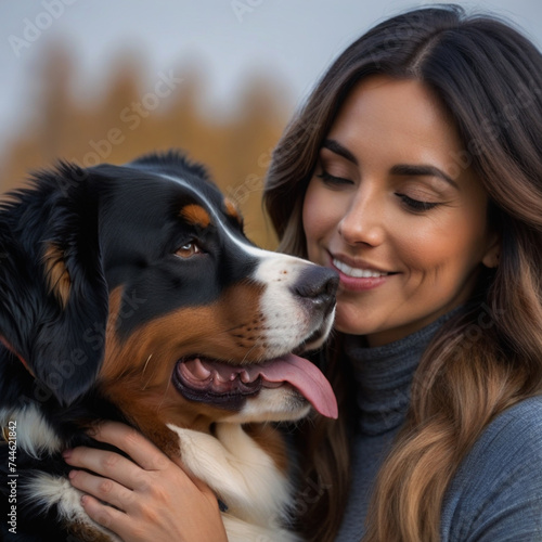Young lady poses with her Mountain dog in the garden and hugs him affectionately