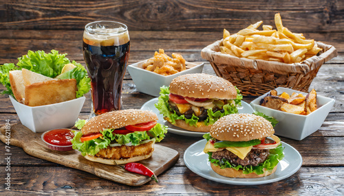 Big set of fast food with hamburger and fries on the wooden table