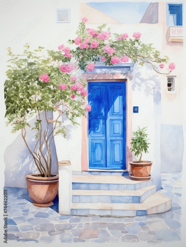 Fototapeta premium A Painting of a Blue Door and Potted Plants. Printable Wall Art.