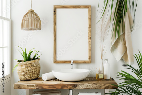Blank modern wooden frame in a romantic boho bathroom photo