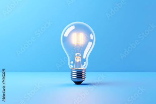 Illuminate your projects with this vibrant photo of a glowing light bulb on a sleek blue background. Perfect for creative or energy concepts.