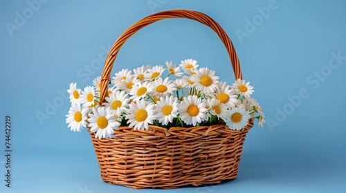 Gentle Spring Presence  White Daisy in Wicker Basket Against Blue Background  spring concept