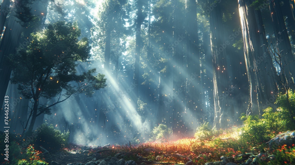 Sunlight illuminating a redwood forest.