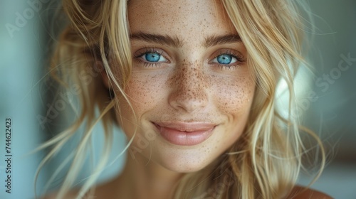 Blonde with freckles, blue eyes, perfect skin smiling photo