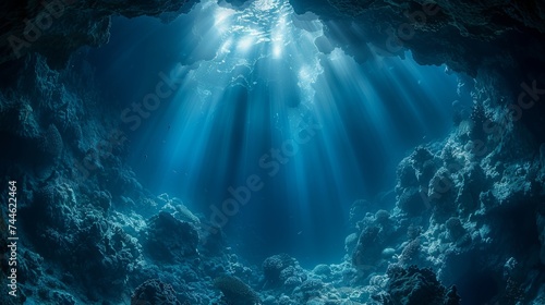Blue Sun light illuminates the deep abyss of an underwater sea