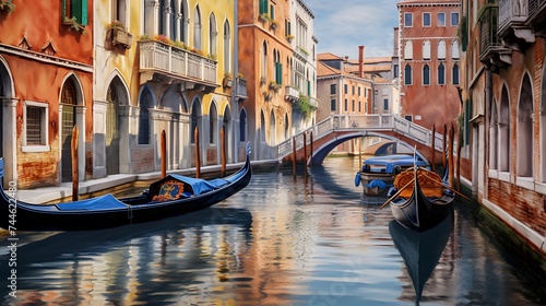 Panoramic view of a canal with gondolas in Venice, Italy © I