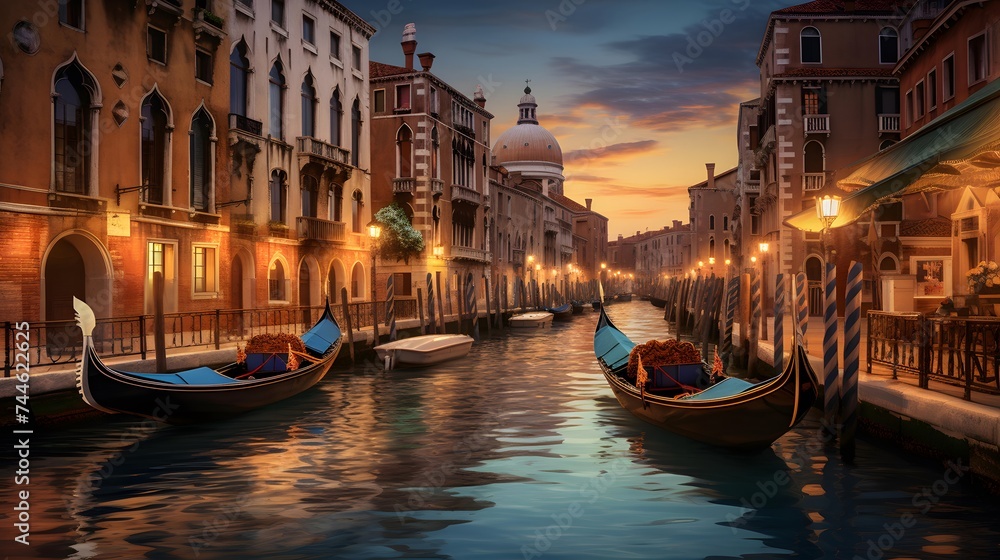 Gondolas on the Grand Canal in Venice at night, Italy