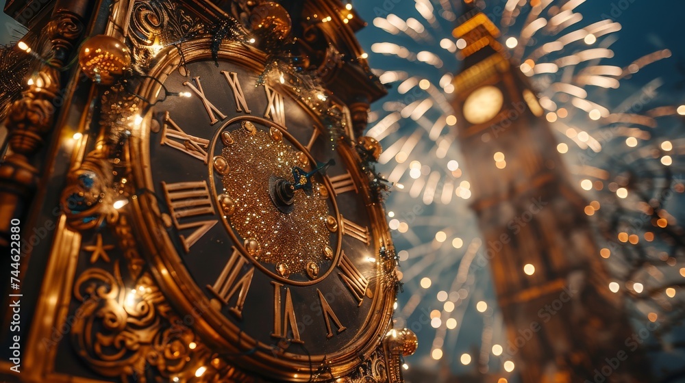 New Year's Eve 2024 - Fireworks and clock waiting for midnight - Defocused Abstract Background