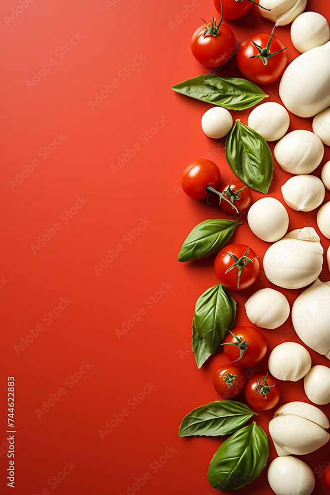 Fresh tomatoes, basil, and mozzarella on red background.