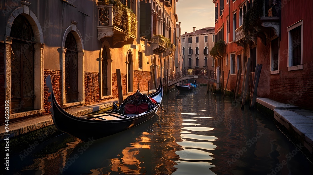 Canal in Venice at sunset. Italy. Panoramic view
