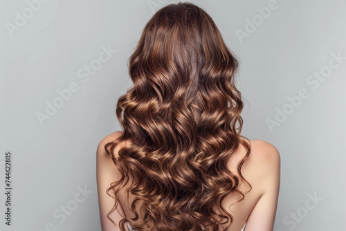 back view of a girl with gorgeous curly long shiny brown hair, studio portrait