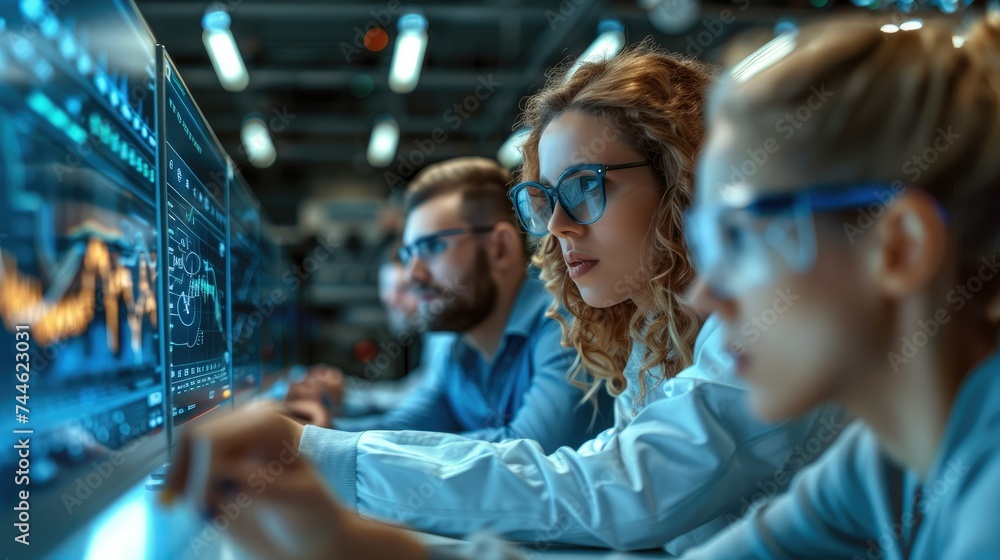 Group of people looking at data analysis on monitor. Generative AI. Group of people looking at data analysis on monitor. Generative AI.
