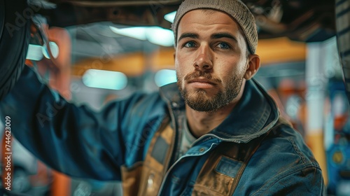 A mechanic working under a car in a workshop. Generative AI.