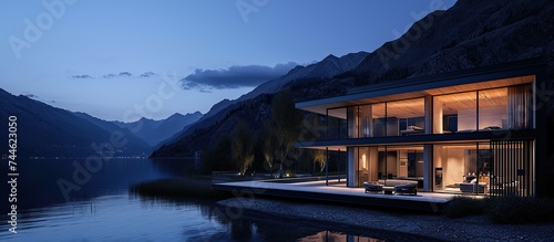 Minimalist luxury housing on the edge of a lake with a dark mountain backdrop © zaen_studio