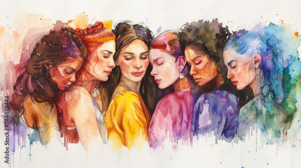 Group of Women Standing Together. Group of Women in Watercolor Illustration. International Women's Day. Banner for March 8. Women's rights movement