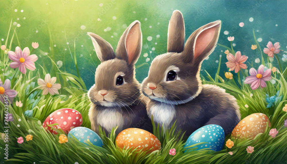 couple of cute little bunnies sitting in green grass with easter eggs couple of cute little bunnies sitting in green grass with easter eggs