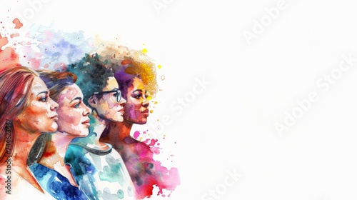 Group of Women in Watercolor Illustration. International Women's Day. Banner for March 8. Women's rights movement photo