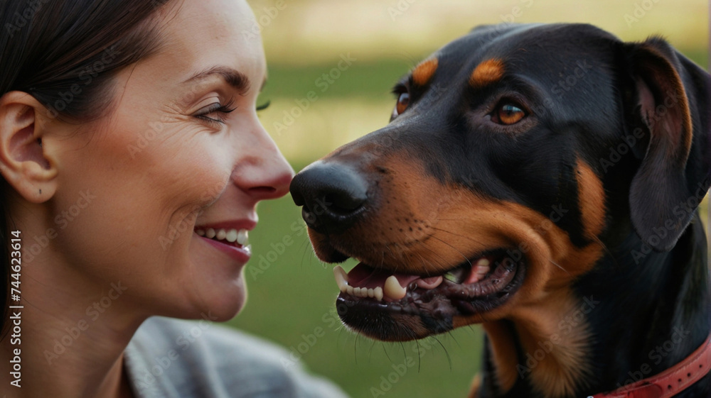 Young woman poses with her Doberman dog in the garden and hugs him affectionately