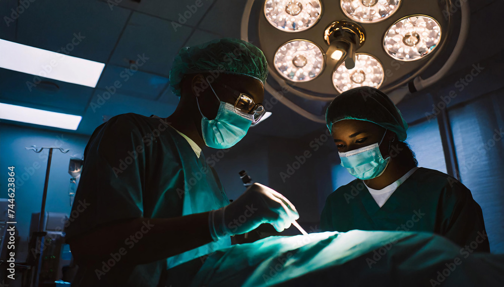 silhouette of two doctors doing surgical operation in modern operating room