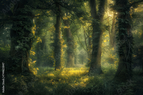 Lush forest panorama with towering trees  dappled sunlight.