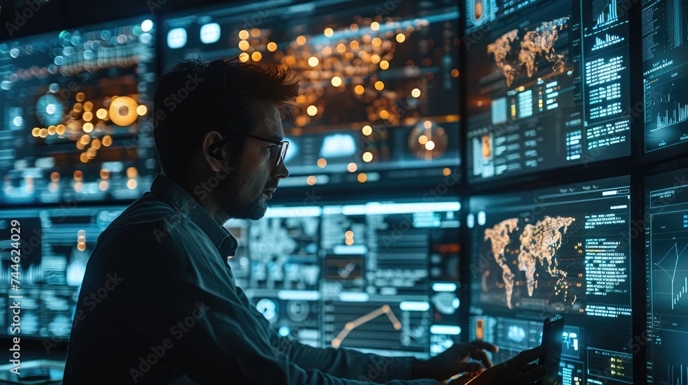 A cybersecurity analyst working in a high-tech security operations center. monitoring a vast data stream in real-time. Generative AI. A cybersecurity analyst working in a high-tech security operations center. monitoring a vast data stream in real-time. Generative AI.
