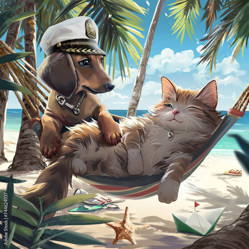 A cat and a dog rest in a hammock on the beach among palm trees