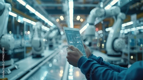 A future driven factory with robot arms working in the background, foreground a transparent tablet hold by a worker. Generative AI.