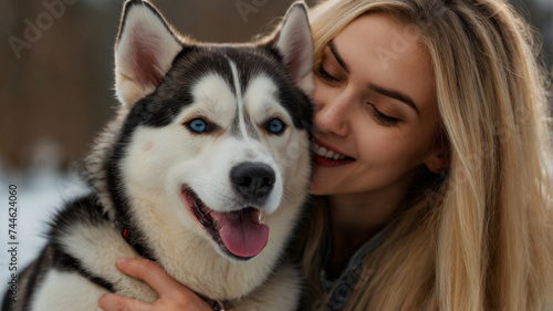 Young woman poses with her Haski dog in the garden and hugs him affectionately