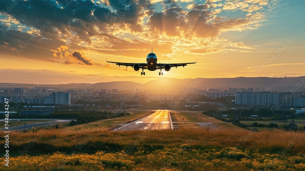 Fototapeta premium Airplane flying over urban cityscape at sunset with radiant skyline