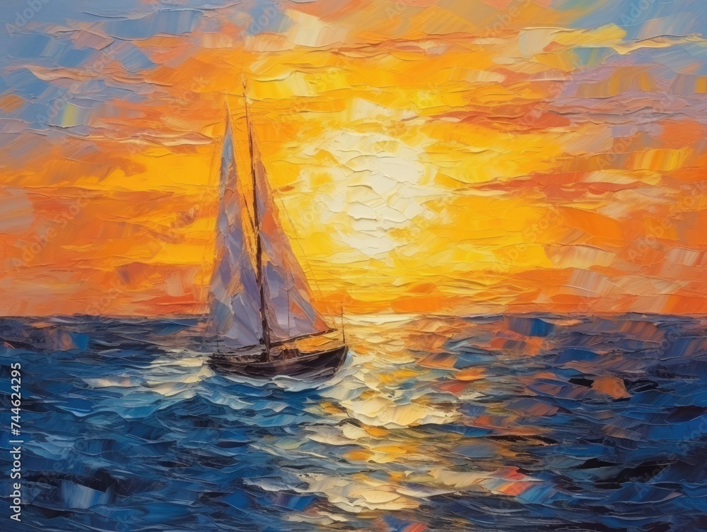Sailboat Sailing in Ocean Sunset. Printable Wall Art.