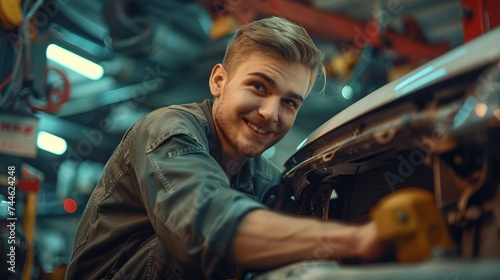 A smiling car mechanic works with a car on the lift. Generative AI.