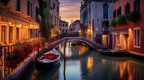 Canal and bridge in Venice at night, Italy. Panorama © I