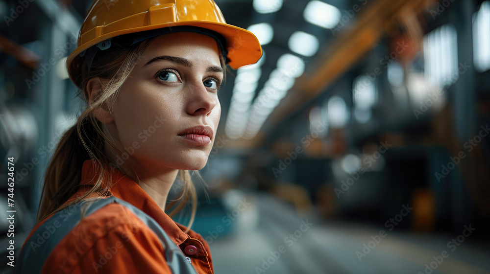 Female worker in a factory against a black background. Generative AI. Female worker in a factory against a black background. Generative AI.