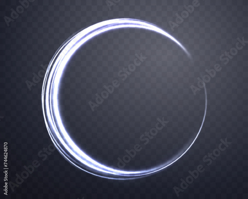 Silver magic ring with glowing. Neon realistic energy flare halo ring. Abstract light effect on a dark transparent background. Vector illustration.