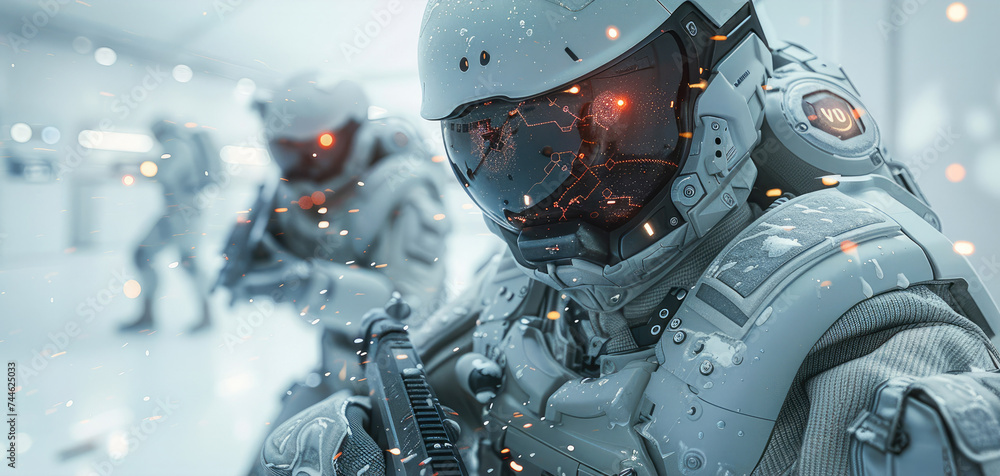 Sci fi military attacking high tech futuristic laboratory. Generative AI. Sci fi military attacking high tech futuristic laboratory. Generative AI.