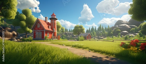 Lively scenery with green grass, trees, and a red fire hydrant, alongside a red roofed house in the distance.