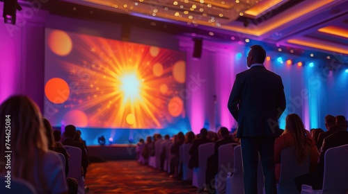 A large corporate event style stage with a host standing on a small platform with a large screen adjacent to him where he is addressing the room full of delegates. Generative AI. photo