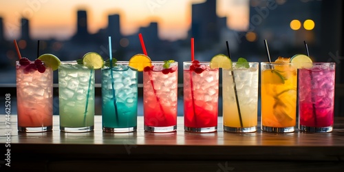 Colorful Array of Drinks Set Up for a Festive Evening Event. Concept Beverage display, Party setting, Festive atmosphere, Evening event, Colorful drinks