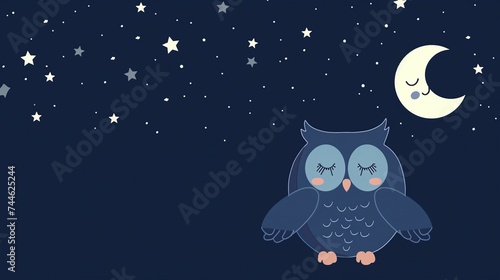 An owl dozing under a star-filled sky next to a smiling moon, fitting for children's room decor or as a peaceful bedtime story illustration.