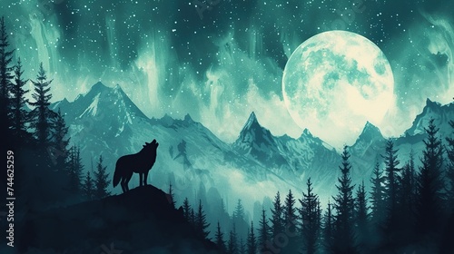 A wolf's silhouette against the backdrop of a luminous full moon and aurora in a snowy forest, suitable for dramatic scenes in storytelling or nature documentaries.