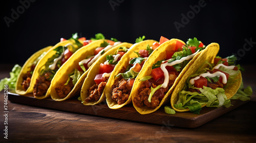 A row of tacos with meat, lettuce, tomatoes, and sour cream.