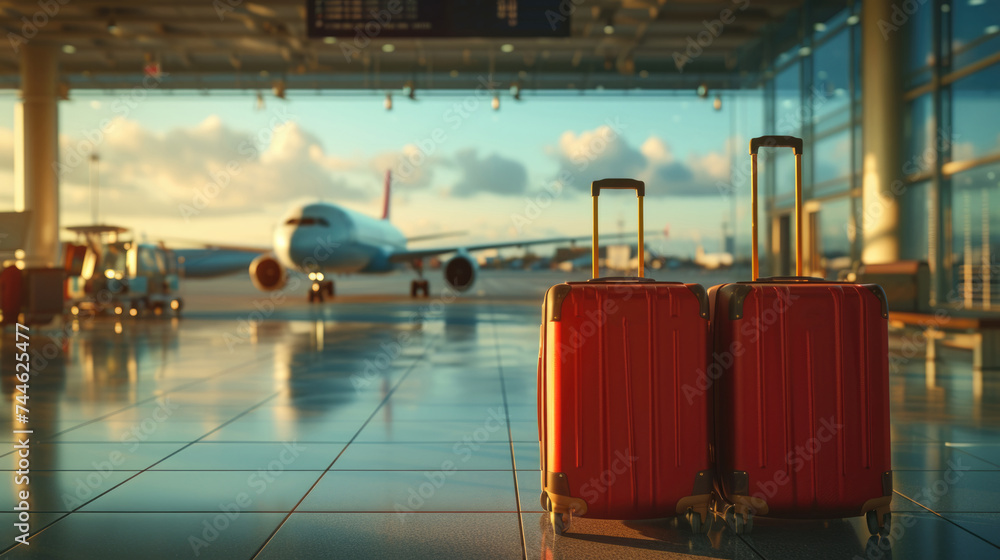 Two suitcases at forefront of airport terminal, luggage that stands ready for travel on airplane prepares for takeoff background, airport terminal, global tourism, travel blogs and advertisements - obrazy, fototapety, plakaty 