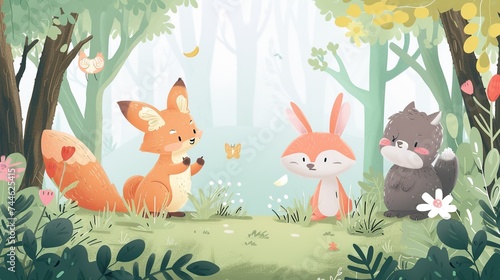 An enchanting illustration of anthropomorphic animals in a whimsical forest, perfect for children's books and educational animations.