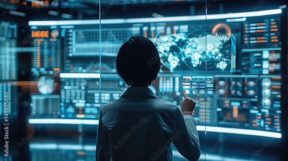 A person standing in front of the screen, looking at the screen so as to study the data being shown on the screen, complex workflows being managed on high tech machines. Generative AI. A person standing in front of the screen, looking at the screen so as to study the data being shown on the screen, complex workflows being managed on high tech machines. Generative AI.