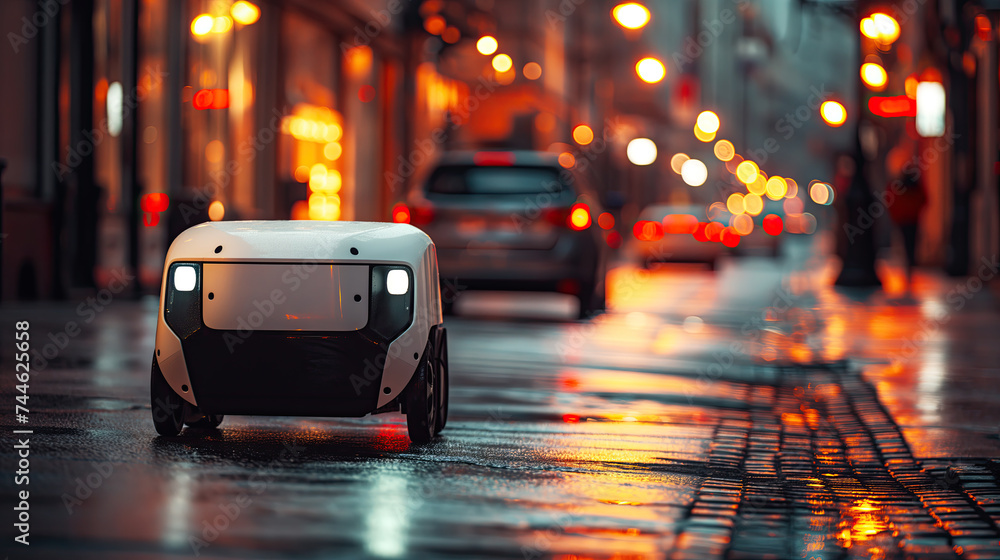 Autonomous robotic courier navigating evening city sidewalks for food delivery. Concept of the convenience and innovation of autonomous delivery technology. Autonomous robotic courier navigating evening city sidewalks for food delivery. Concept of the convenience and innovation of autonomous delivery technology.