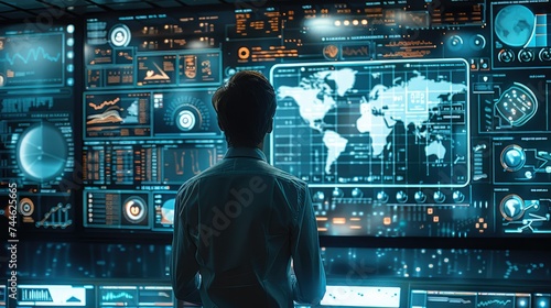 A person standing in front of the screen, looking at the screen so as to study the data being shown on the screen, complex workflows being managed on high tech machines. Generative AI.